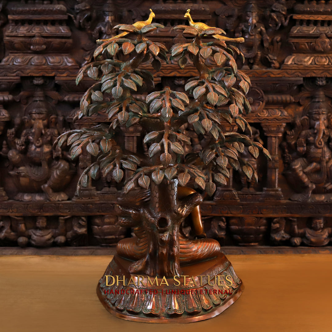 Brass Buddha Idol, Buddha seated under Tree, Copper and Golden Finish 30"