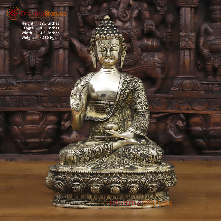 Brass Buddha Statue, Meditating Buddha, Silver Fine Work 12.5" Front View