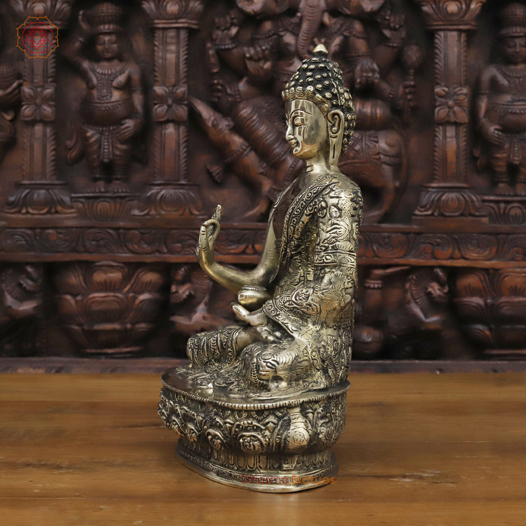 Brass Buddha Statue, Meditating Buddha, Silver Fine Work 12.5"