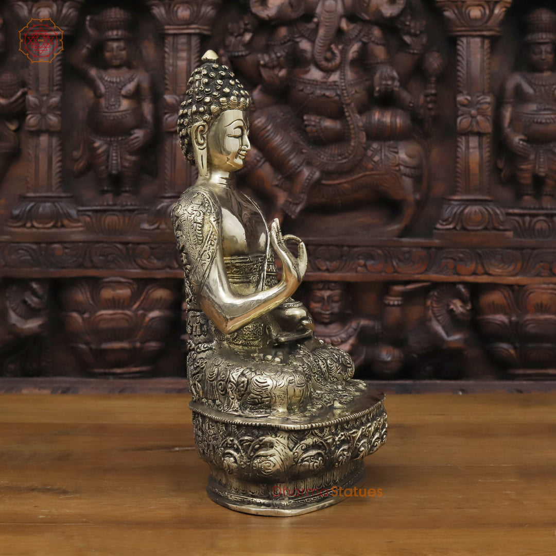 Brass Buddha Statue, Meditating Buddha, Silver Fine Work 12.5"