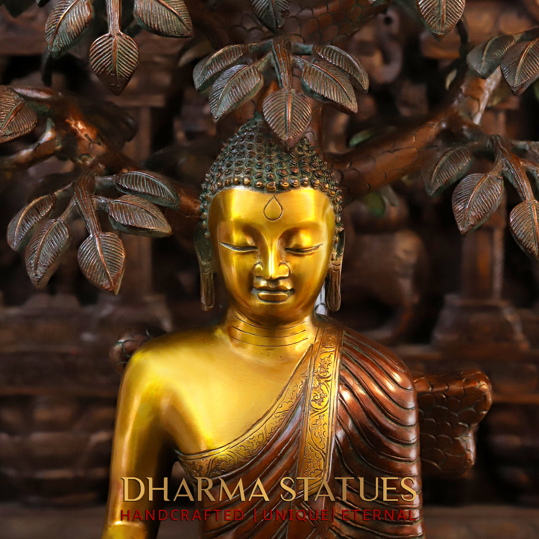 Brass Buddha Idol, Buddha seated under Tree, Copper and Golden Finish 30"