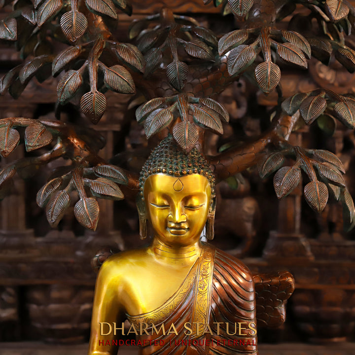 Brass Buddha Idol, Buddha seated under Tree, Copper and Golden Finish 30"