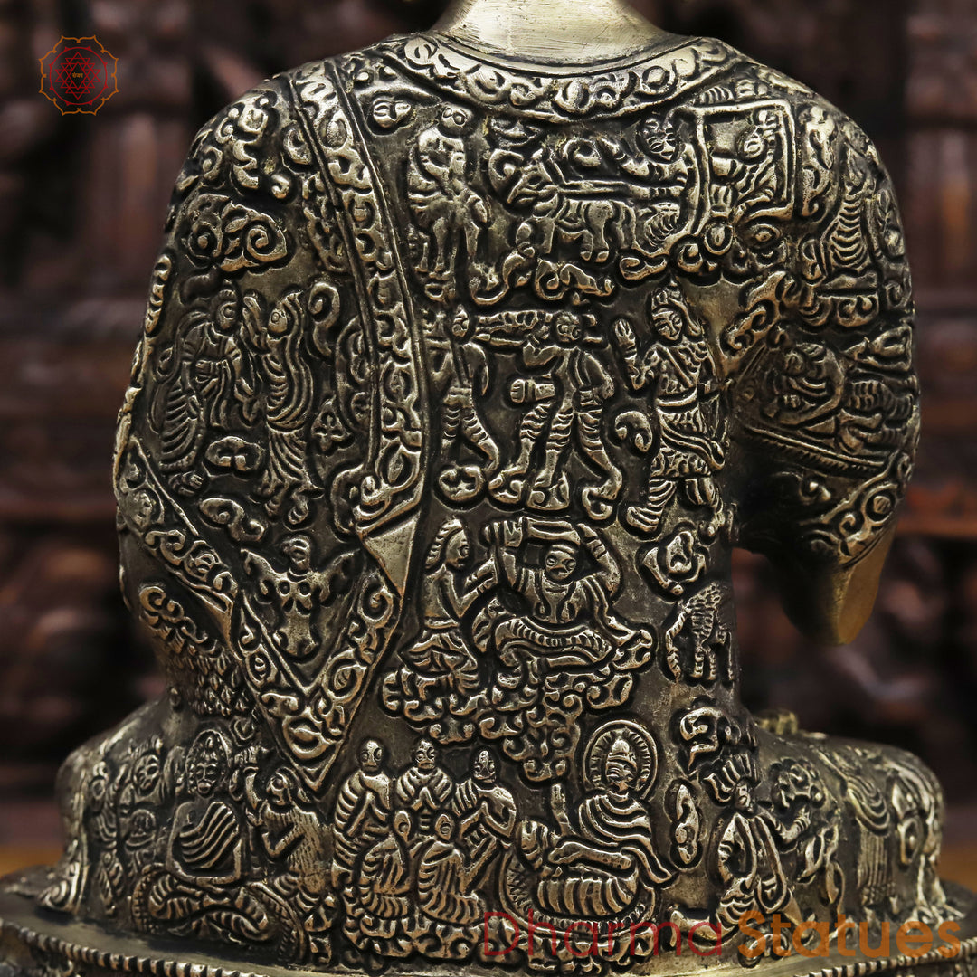 Brass Buddha Statue, Meditating Buddha, Silver Fine Work 12.5"