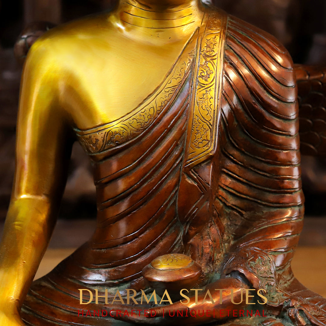 Brass Buddha Idol, Buddha seated under Tree, Copper and Golden Finish 30"