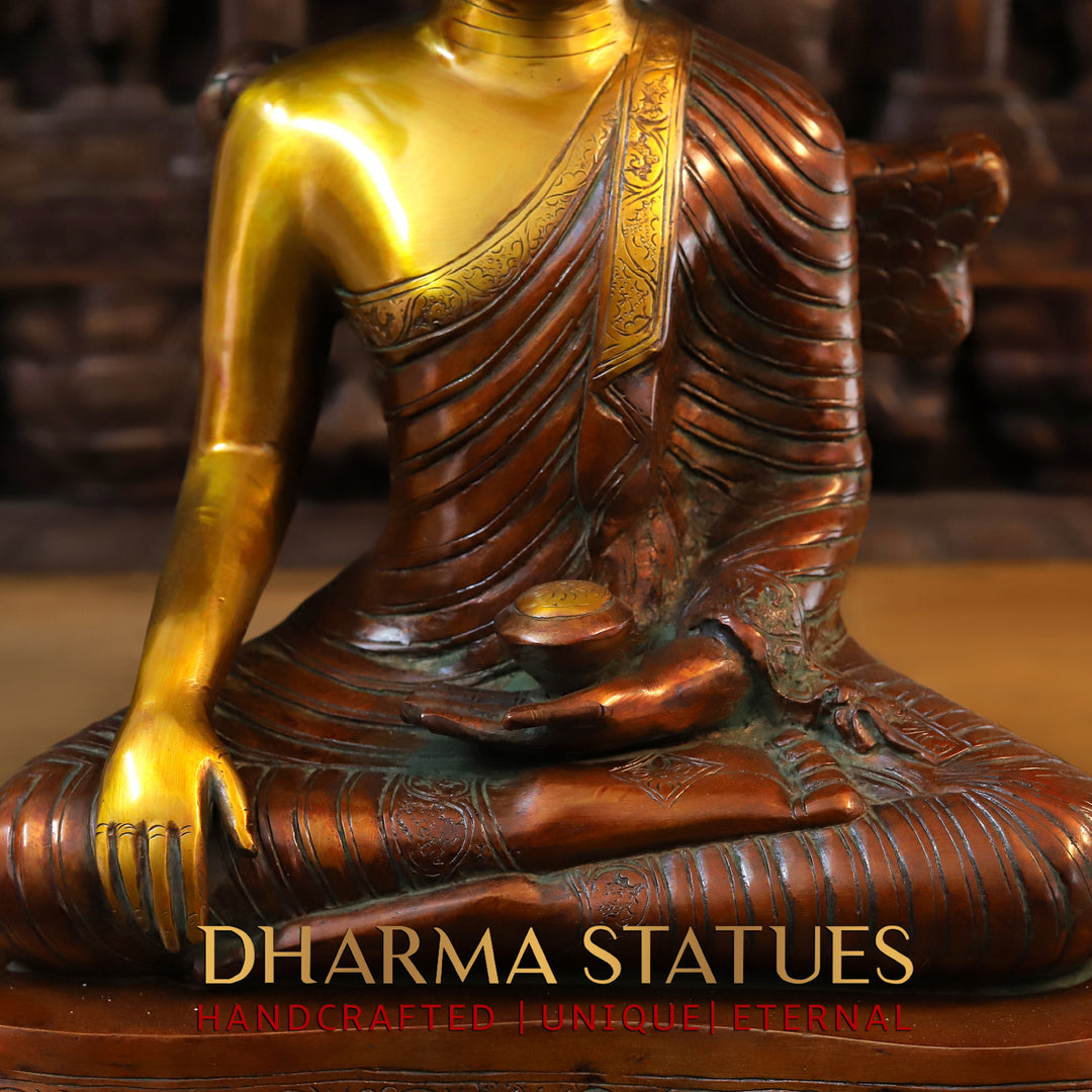 Brass Buddha Idol, Buddha seated under Tree, Copper and Golden Finish 30"