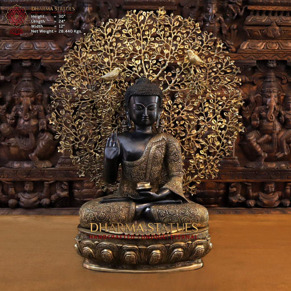 Brass Buddha Seated with Tree , Black and Gold Finish, 30"