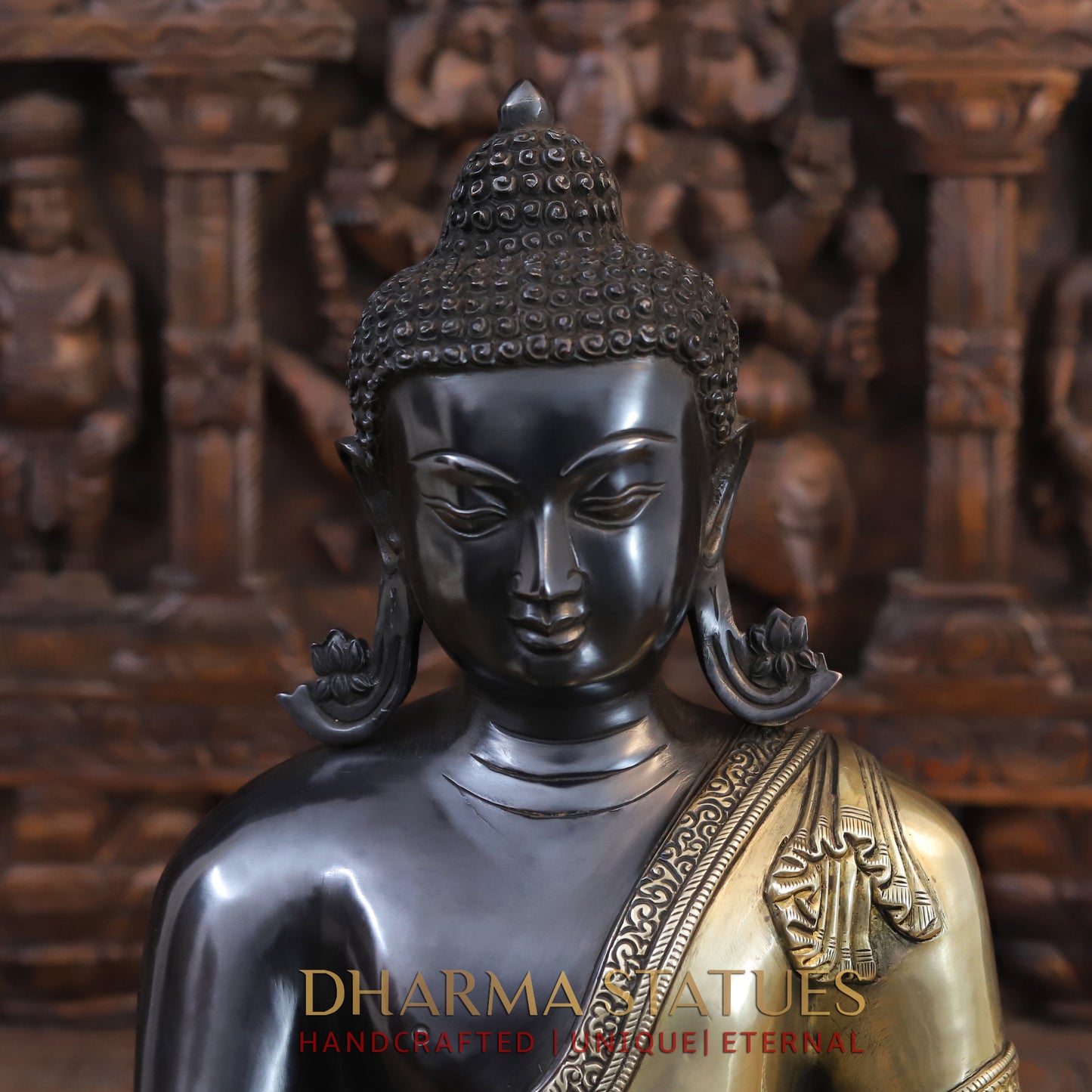 Brass Buddha in Bhumisparsha Mudra, Classic Black and Gold Finish, 17.5"