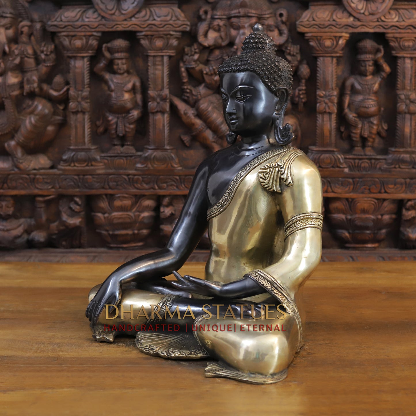 Brass Buddha in Bhumisparsha Mudra, Classic Black and Gold Finish, 17.5"
