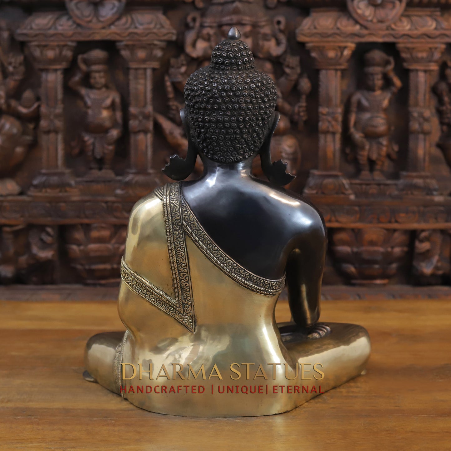 Brass Buddha in Bhumisparsha Mudra, Classic Black and Gold Finish, 17.5"