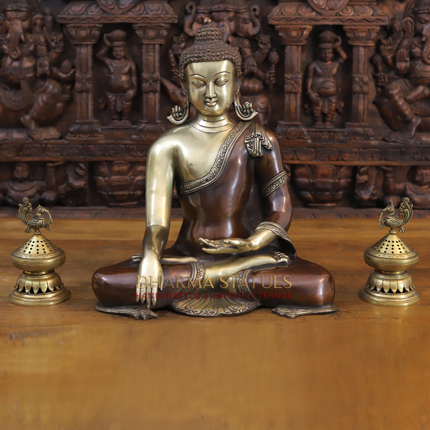 Brass Buddha in Varada Mudra, Copper and Gold Finish, 18"