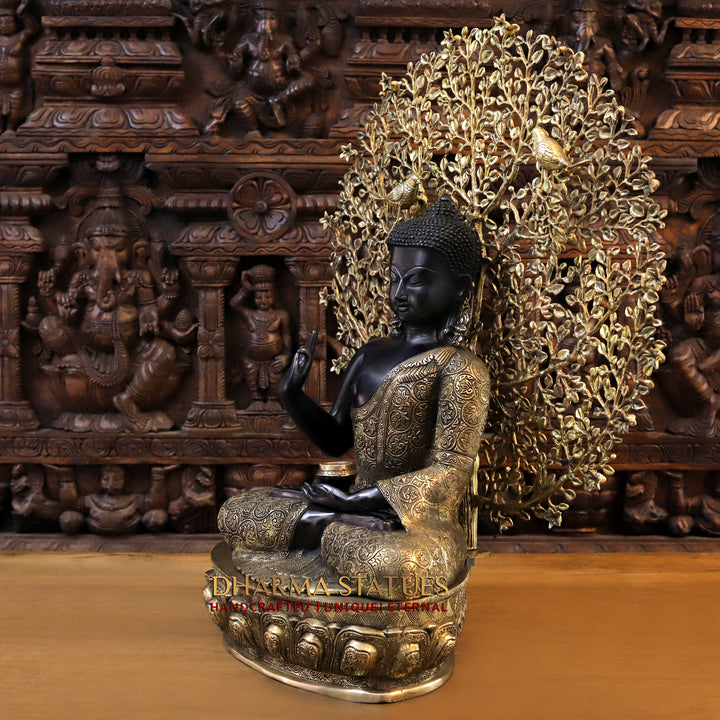 Brass Buddha Seated with Tree , Black and Gold Finish, 30"