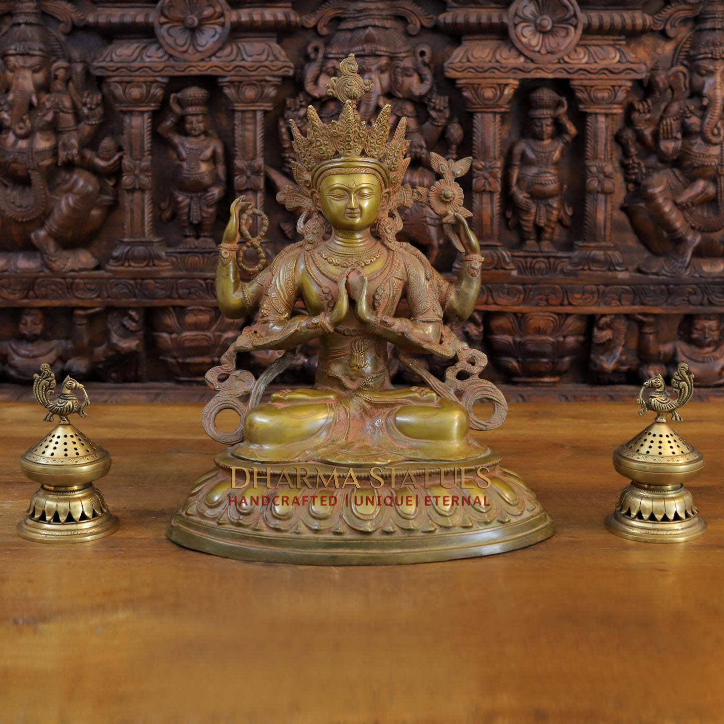 Brass Meditation Tara Statue, Patina and Brick Color Finish, 18"