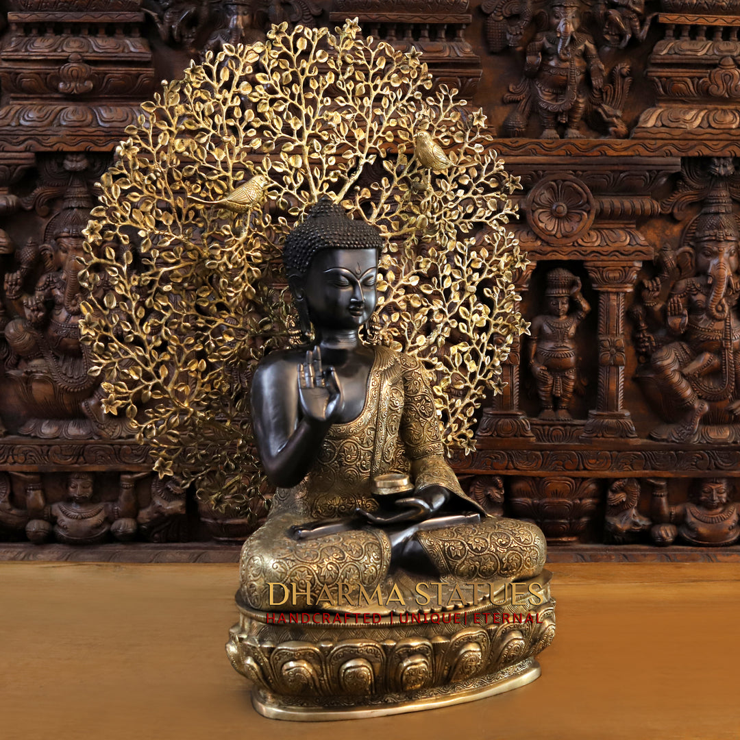 Brass Buddha Seated with Tree , Black and Gold Finish, 30"