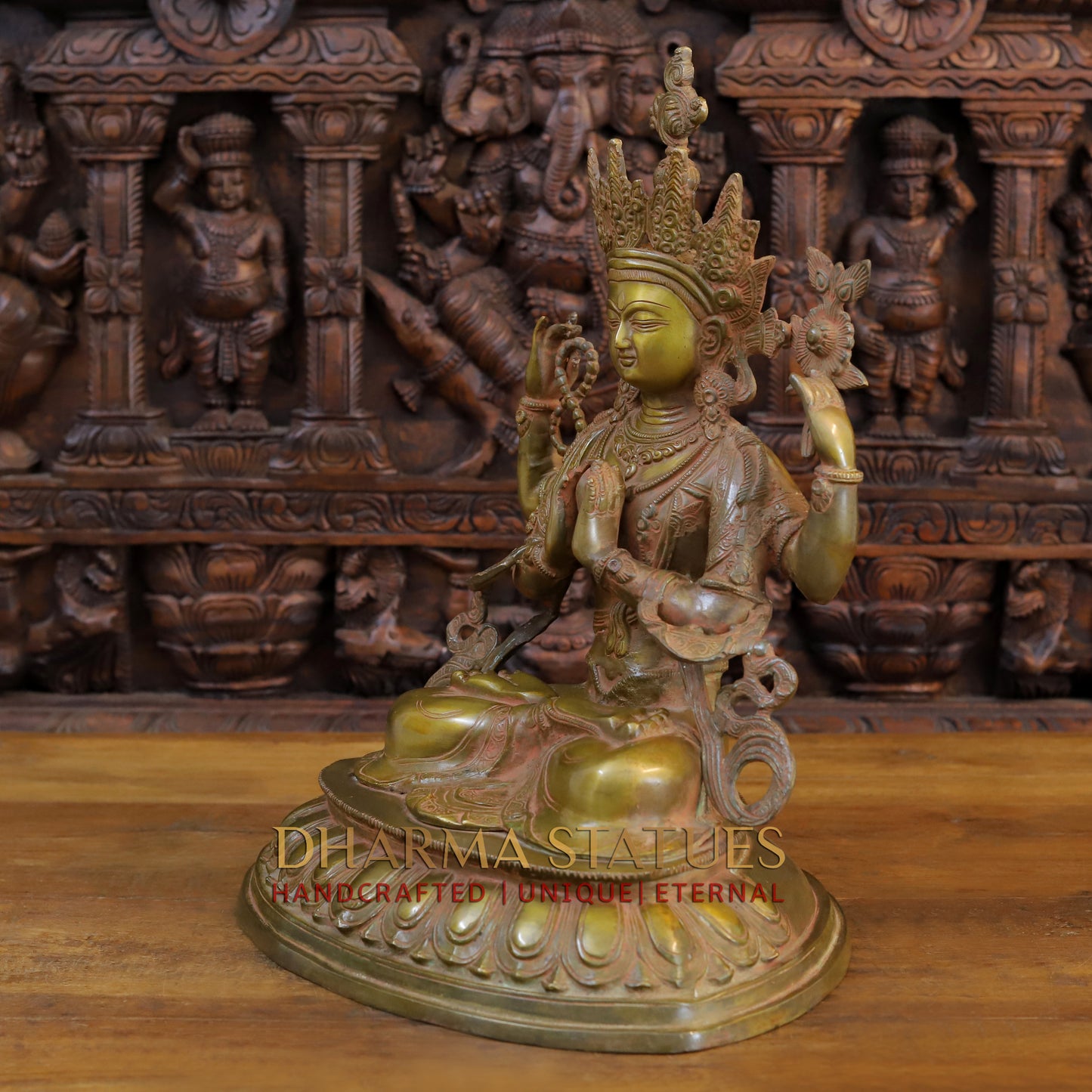 Brass Meditation Tara Statue, Patina and Brick Color Finish, 18"