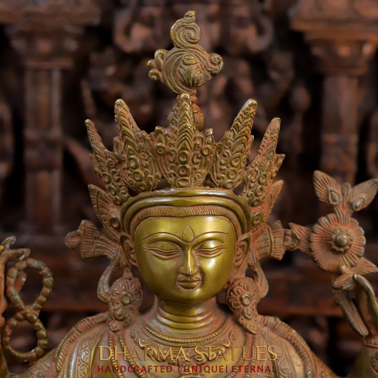 Brass Meditation Tara Statue, Patina and Brick Color Finish, 18"