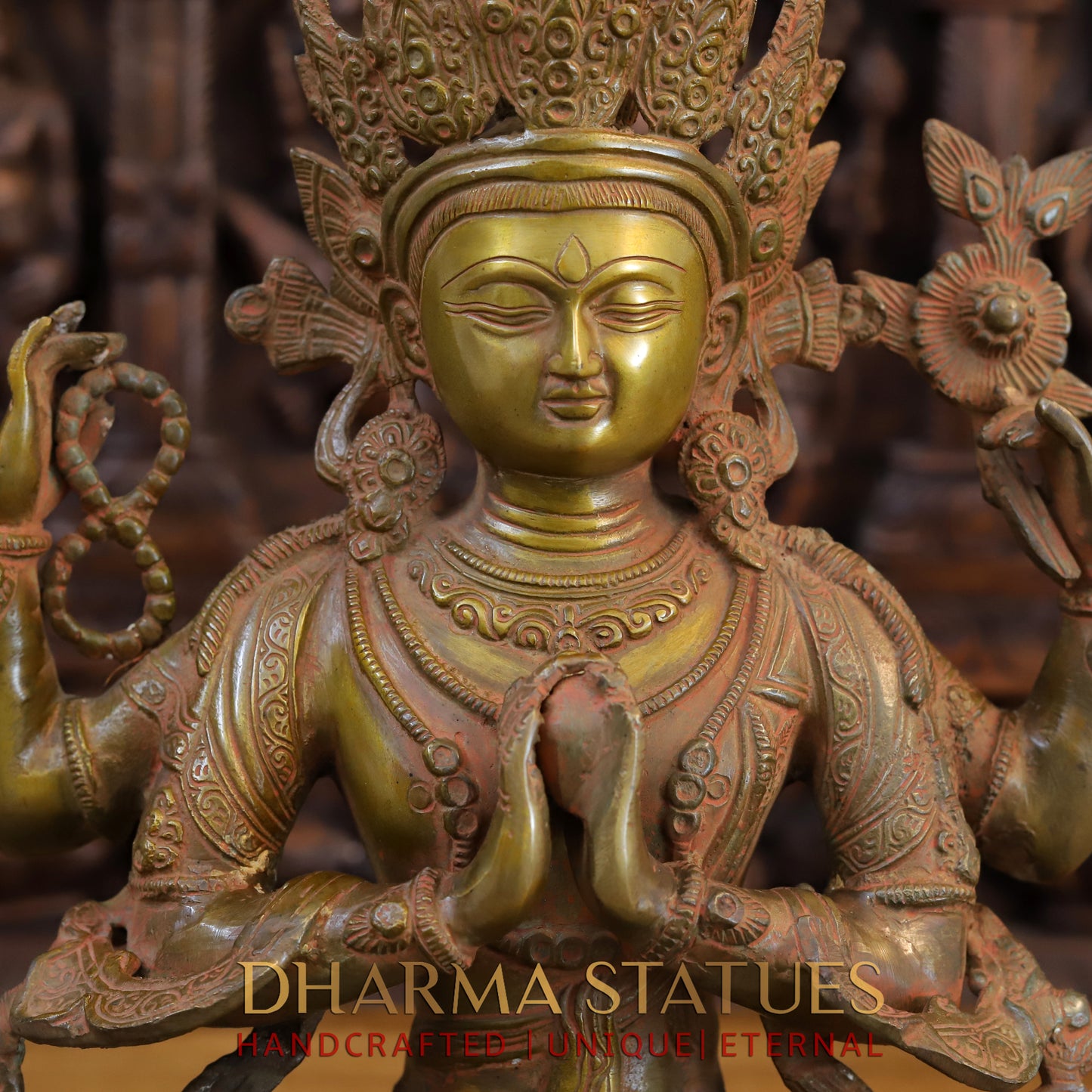 Brass Meditation Tara Statue, Patina and Brick Color Finish, 18"