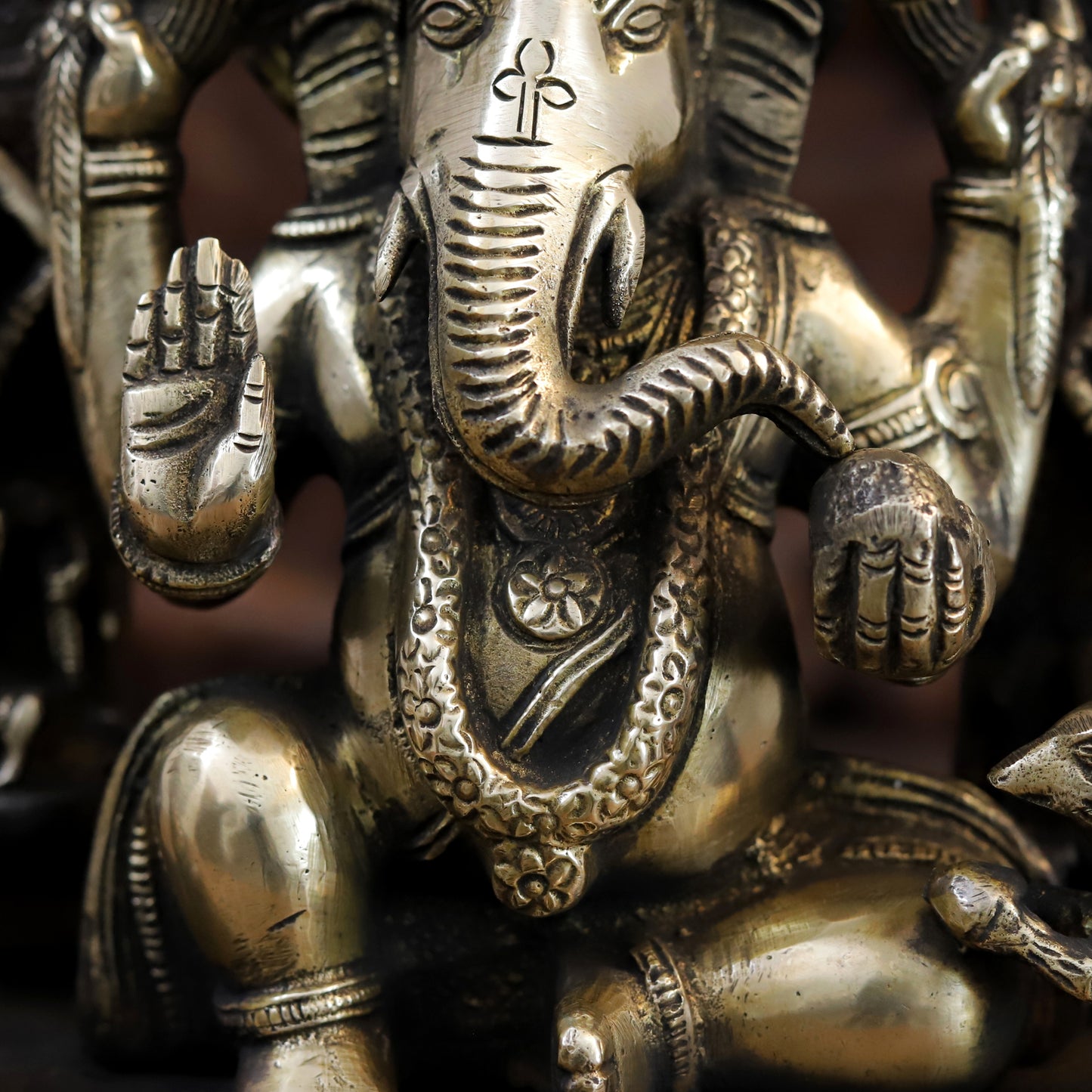 Brass Ganesh sitting on the Sun of Throne, Copper and Gold Finish, 13.5"