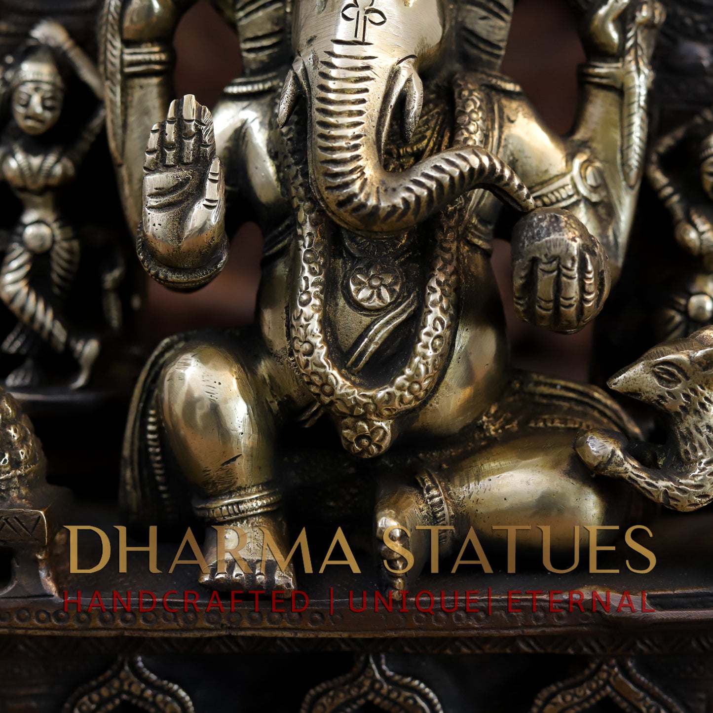 Brass Ganesh sitting on the Sun of Throne, Copper and Gold Finish, 13.5"
