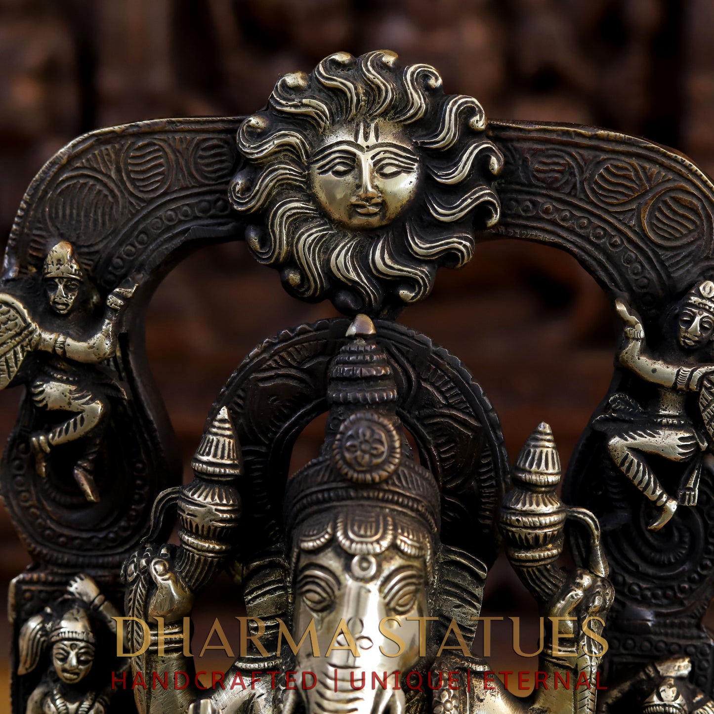 Brass Ganesh sitting on the Sun of Throne, Copper and Gold Finish, 13.5"