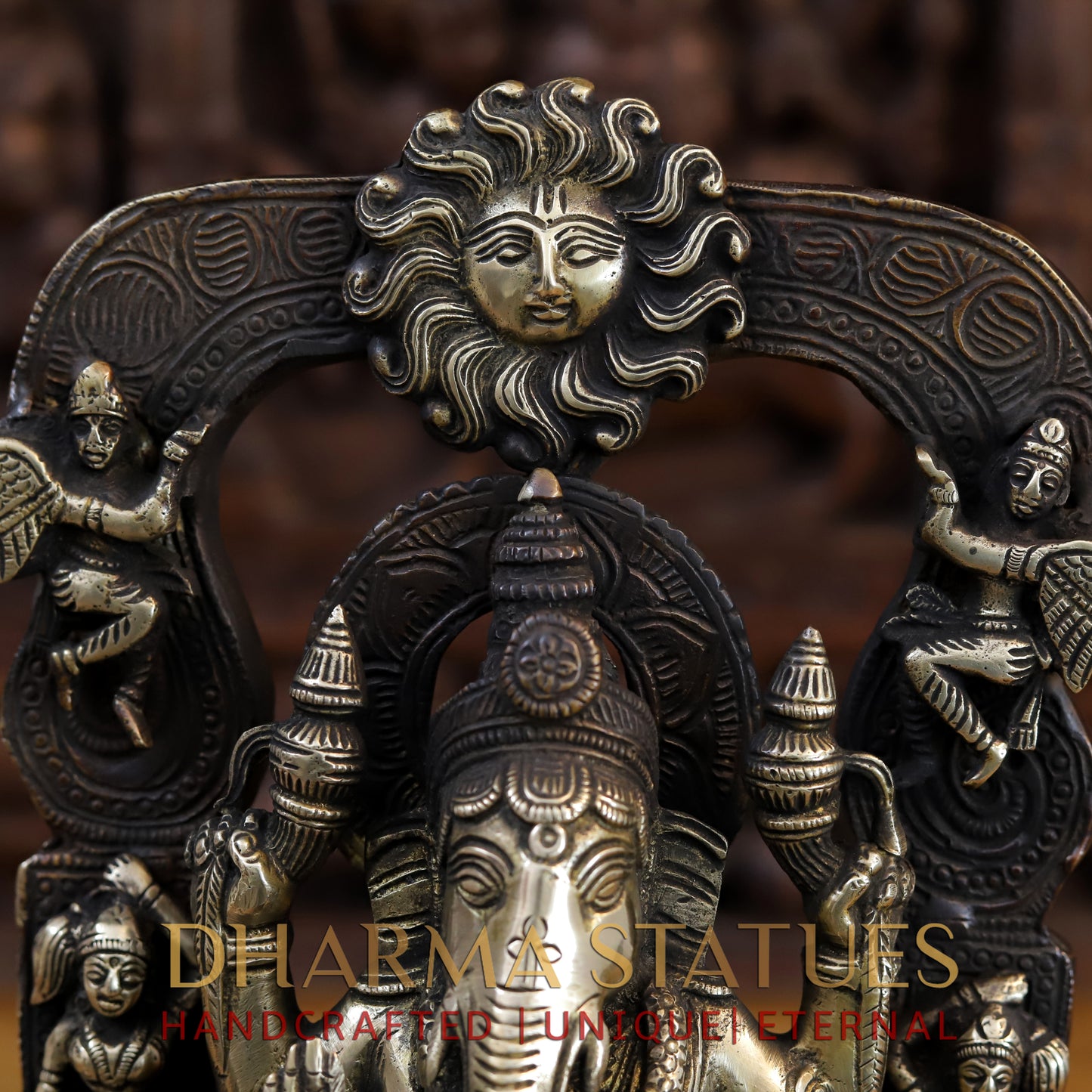 Brass Ganesh sitting on the Sun of Throne, Copper and Gold Finish, 13.5"