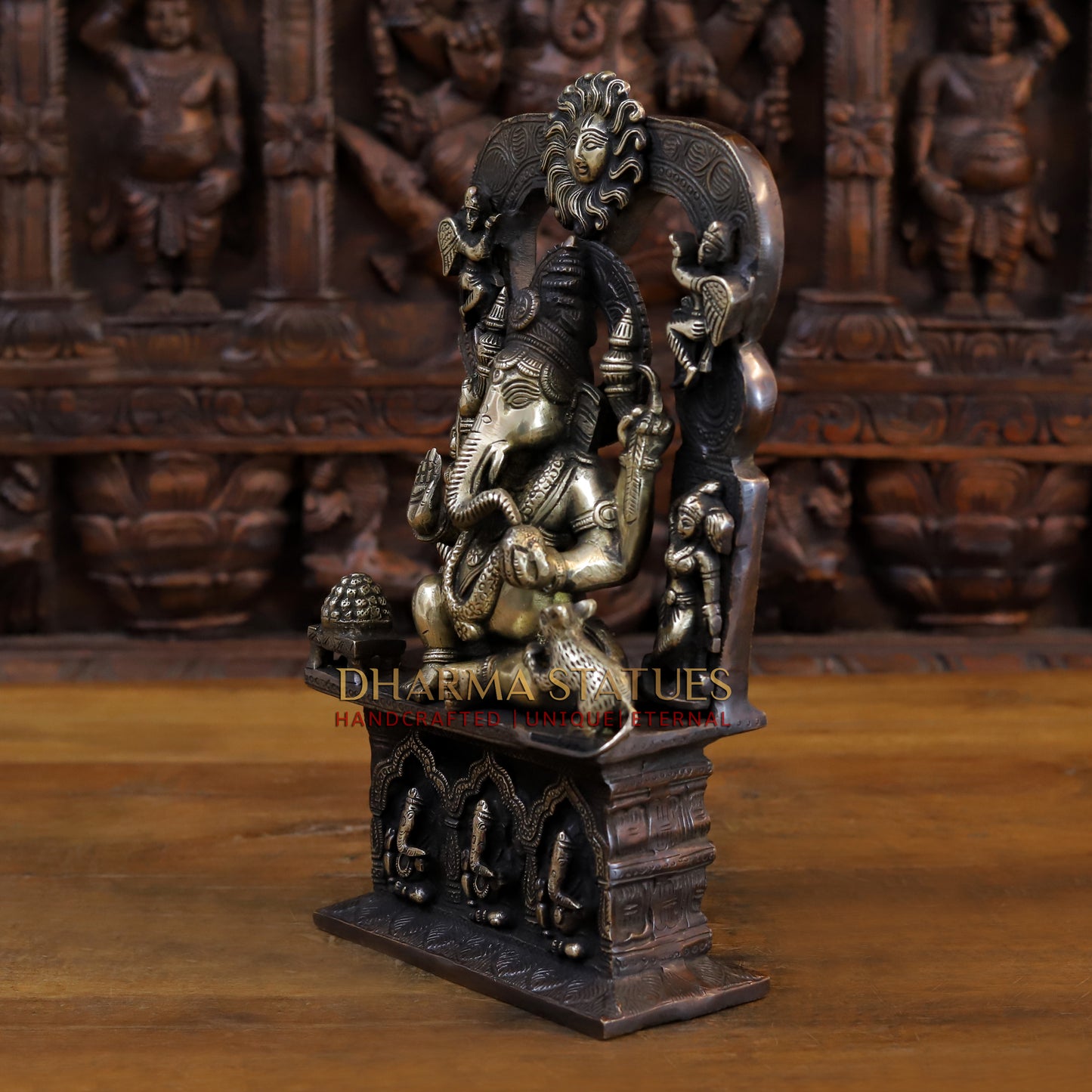 Brass Ganesh sitting on the Sun of Throne, Copper and Gold Finish, 13.5"