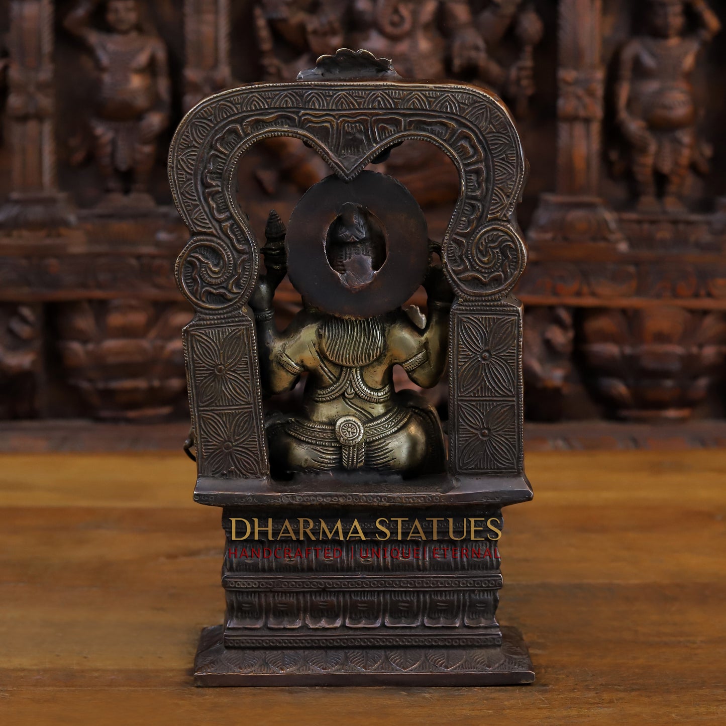Brass Ganesh sitting on the Sun of Throne, Copper and Gold Finish, 13.5"