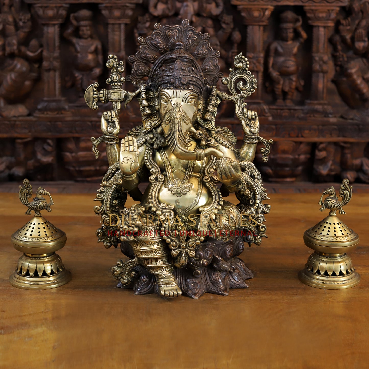 Brass Ganesh seated with Fine Carved jewelry, Copper & Gold Finish, 13”