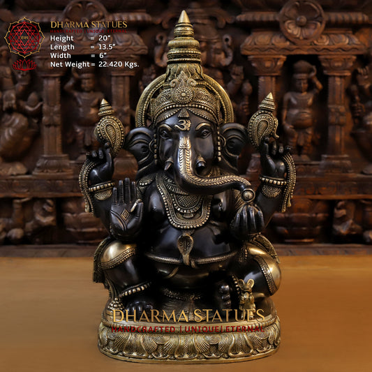 Brass Ganesh seated in Blessing Posture, Back Patina & Golden Finish, 20"