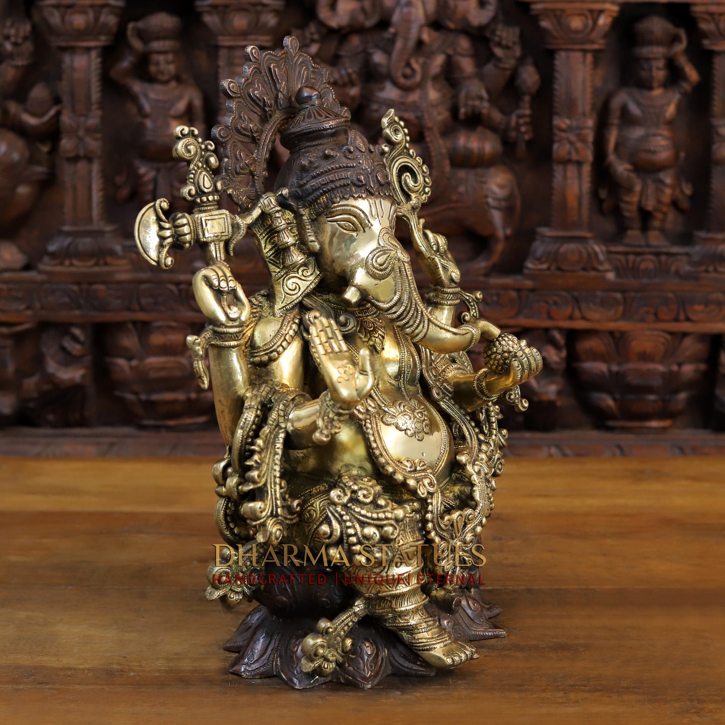 Brass Ganesh seated with Fine Carved jewelry, Copper & Gold Finish, 13”