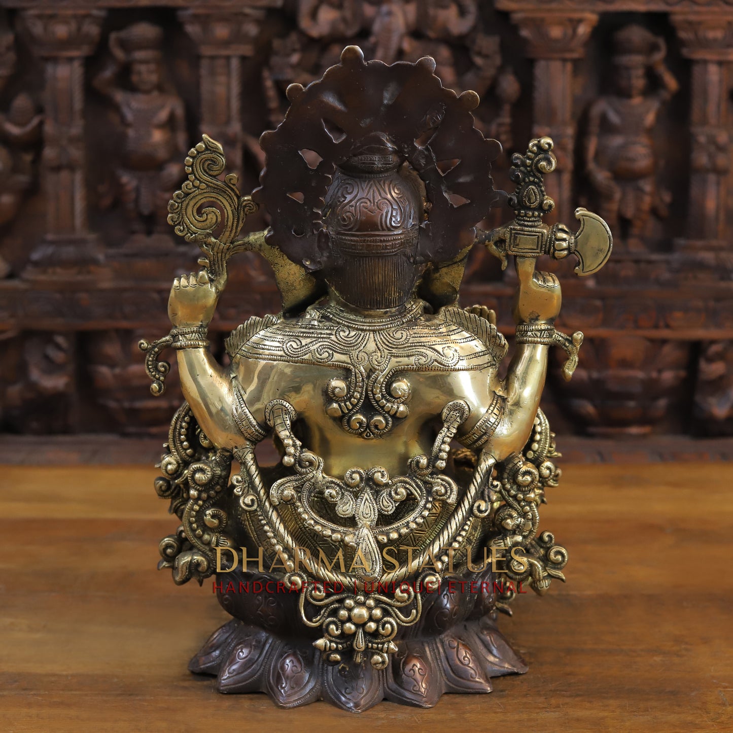 Brass Ganesh seated with Fine Carved jewelry, Copper & Gold Finish, 13”