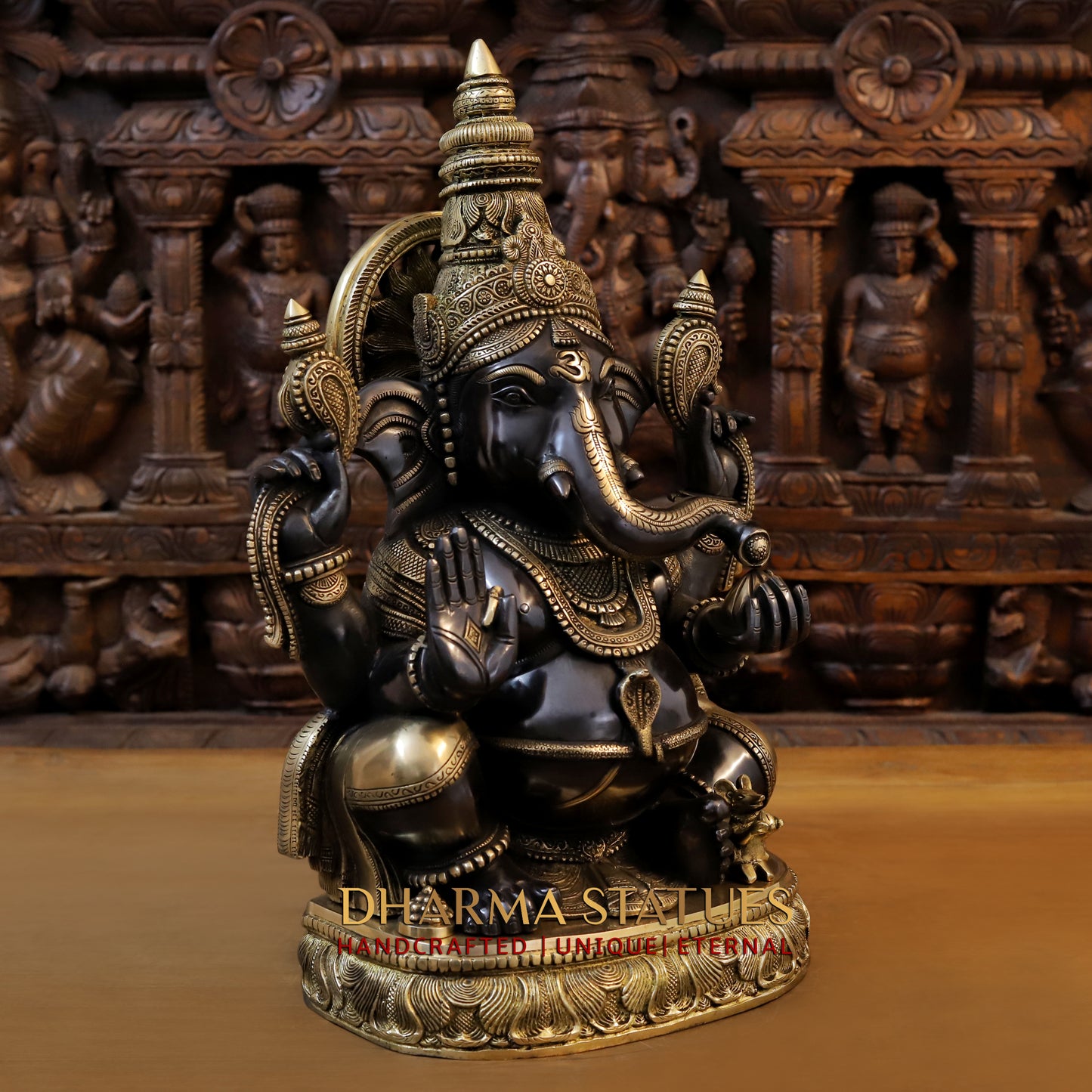 Brass Ganesh seated in Blessing Posture, Back Patina & Golden Finish, 20"