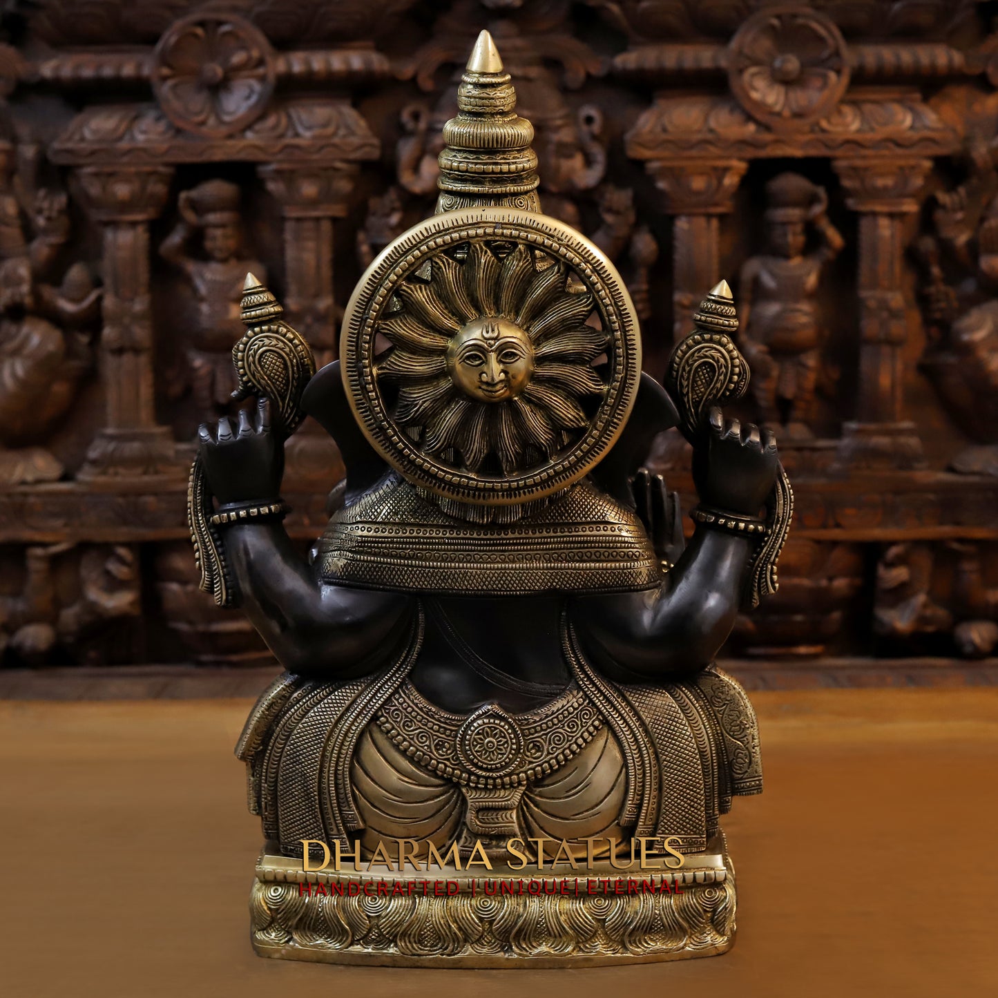 Brass Ganesh seated in Blessing Posture, Back Patina & Golden Finish, 20"