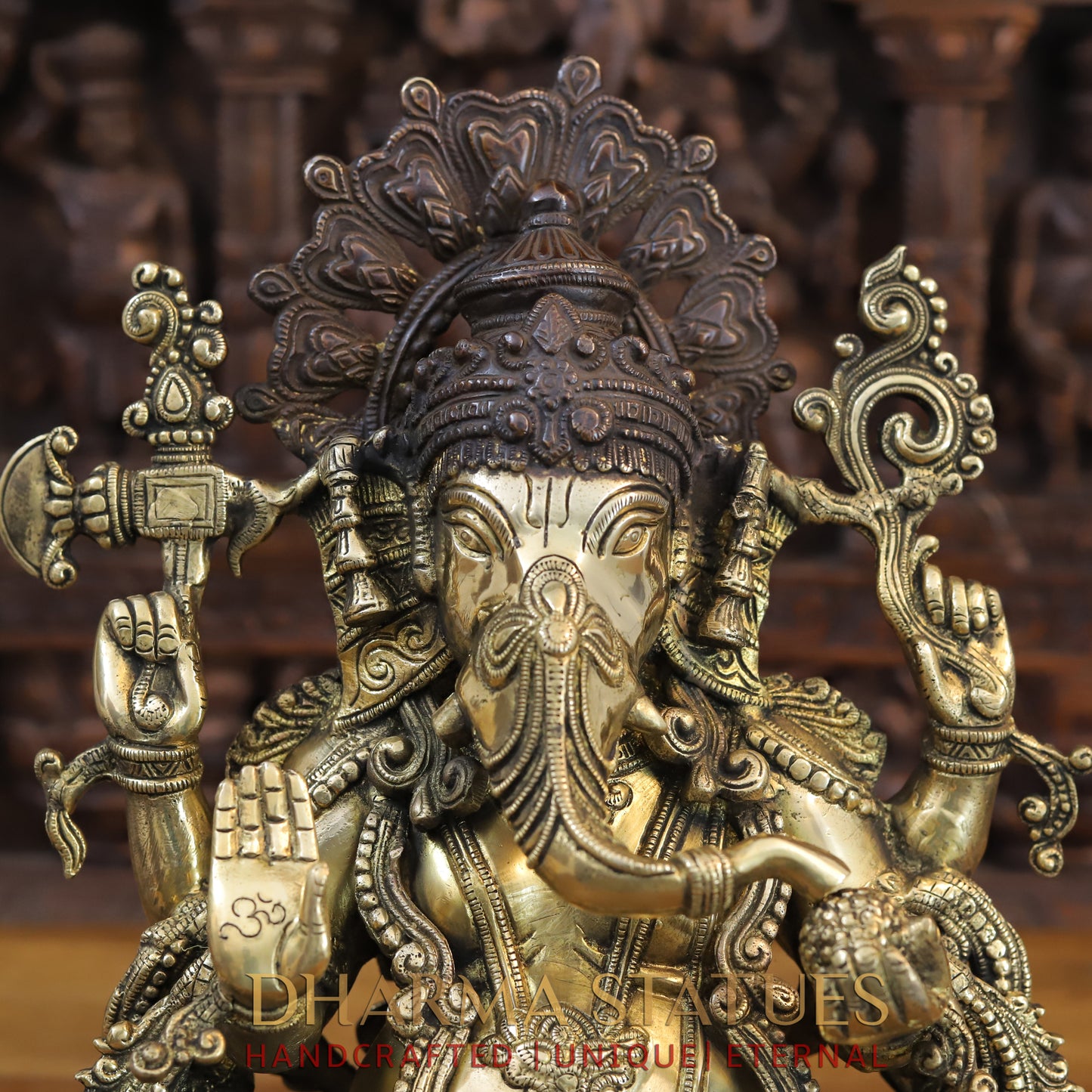 Brass Ganesh seated with Fine Carved jewelry, Copper & Gold Finish, 13”