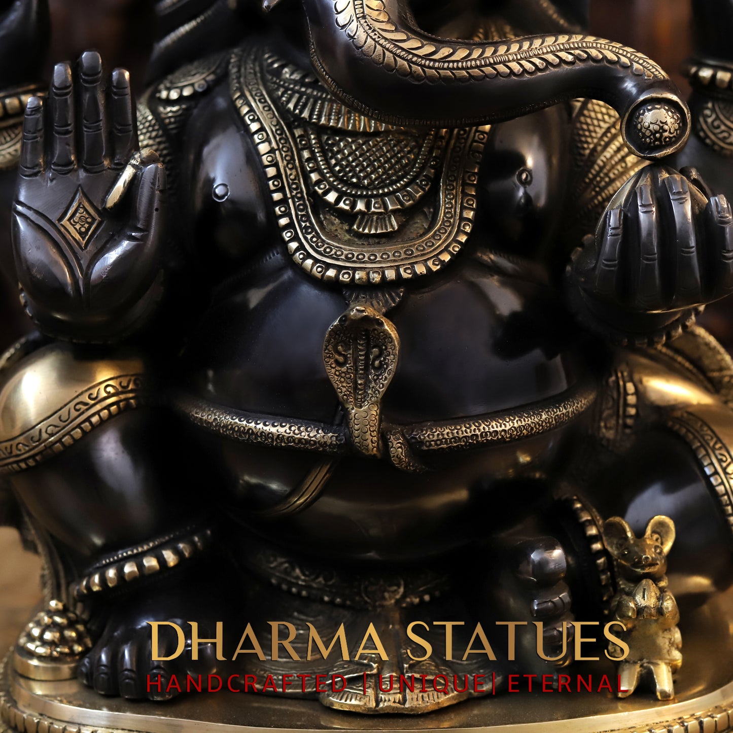 Brass Ganesh seated in Blessing Posture, Back Patina & Golden Finish, 20"