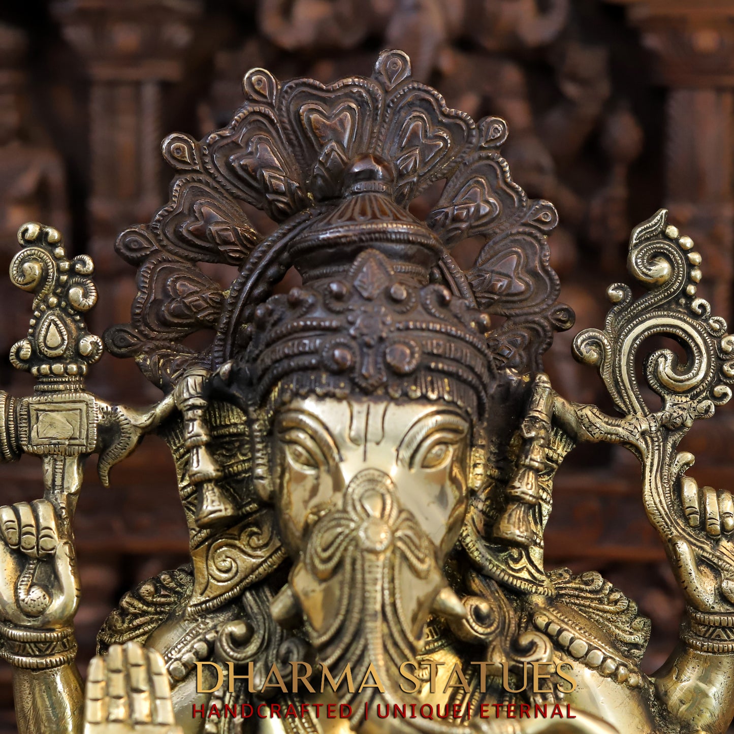 Brass Ganesh seated with Fine Carved jewelry, Copper & Gold Finish, 13”