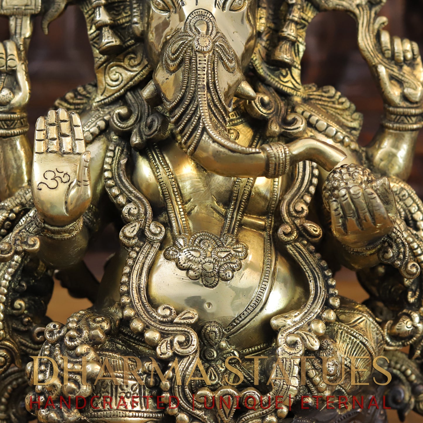 Brass Ganesh seated with Fine Carved jewelry, Copper & Gold Finish, 13”