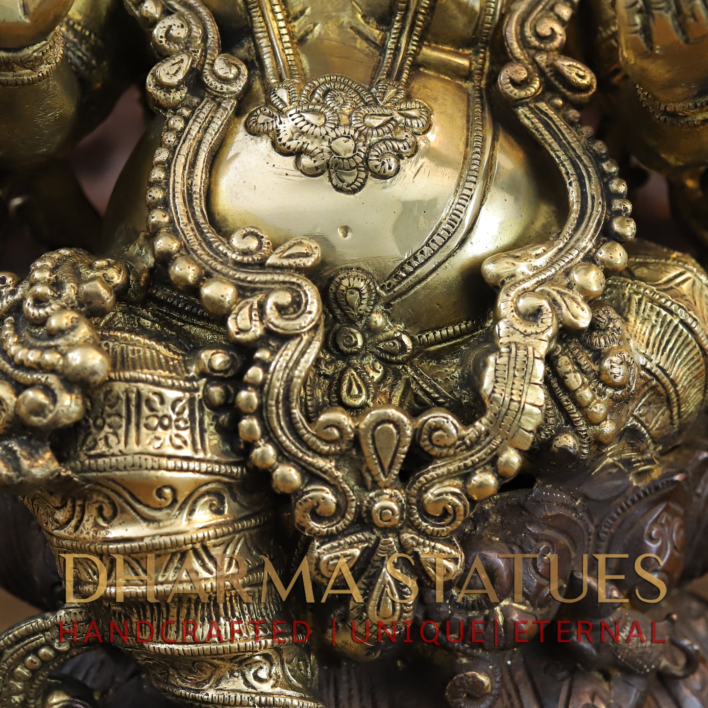 Brass Ganesh seated with Fine Carved jewelry, Copper & Gold Finish, 13”