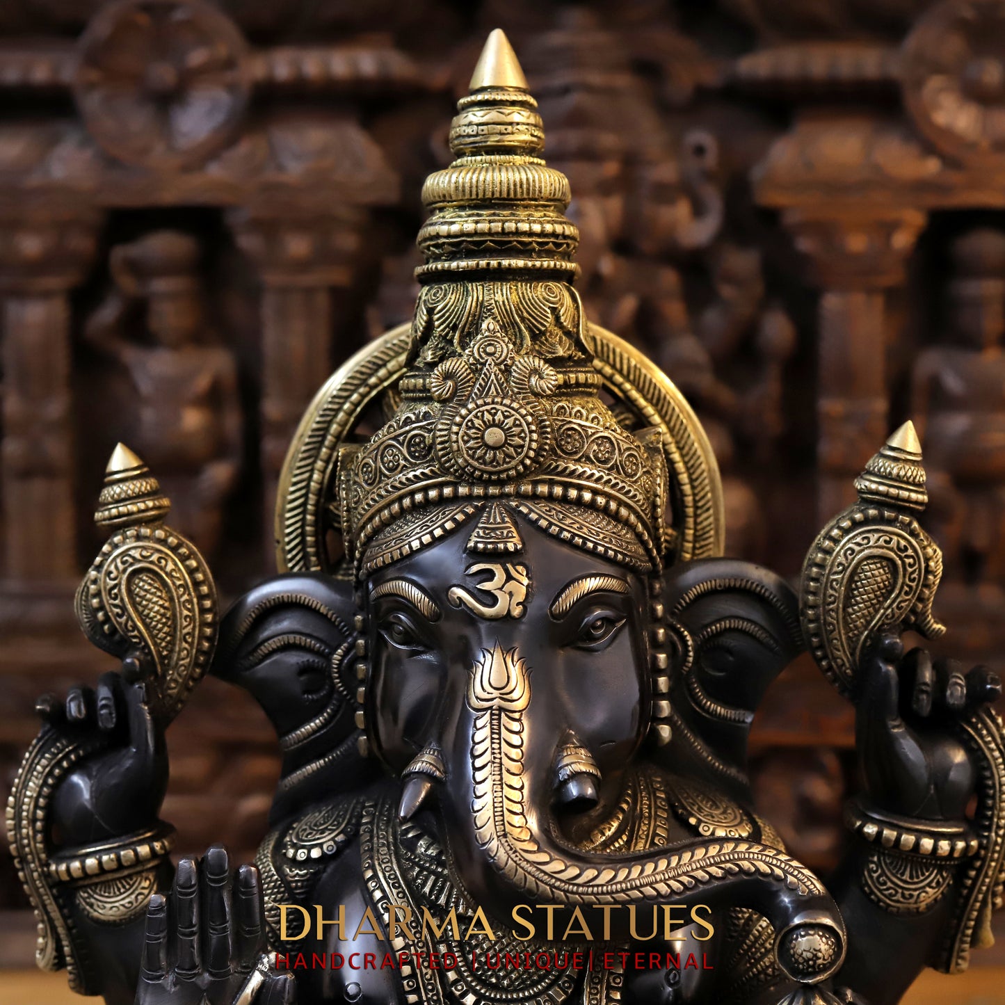 Brass Ganesh seated in Blessing Posture, Back Patina & Golden Finish, 20"