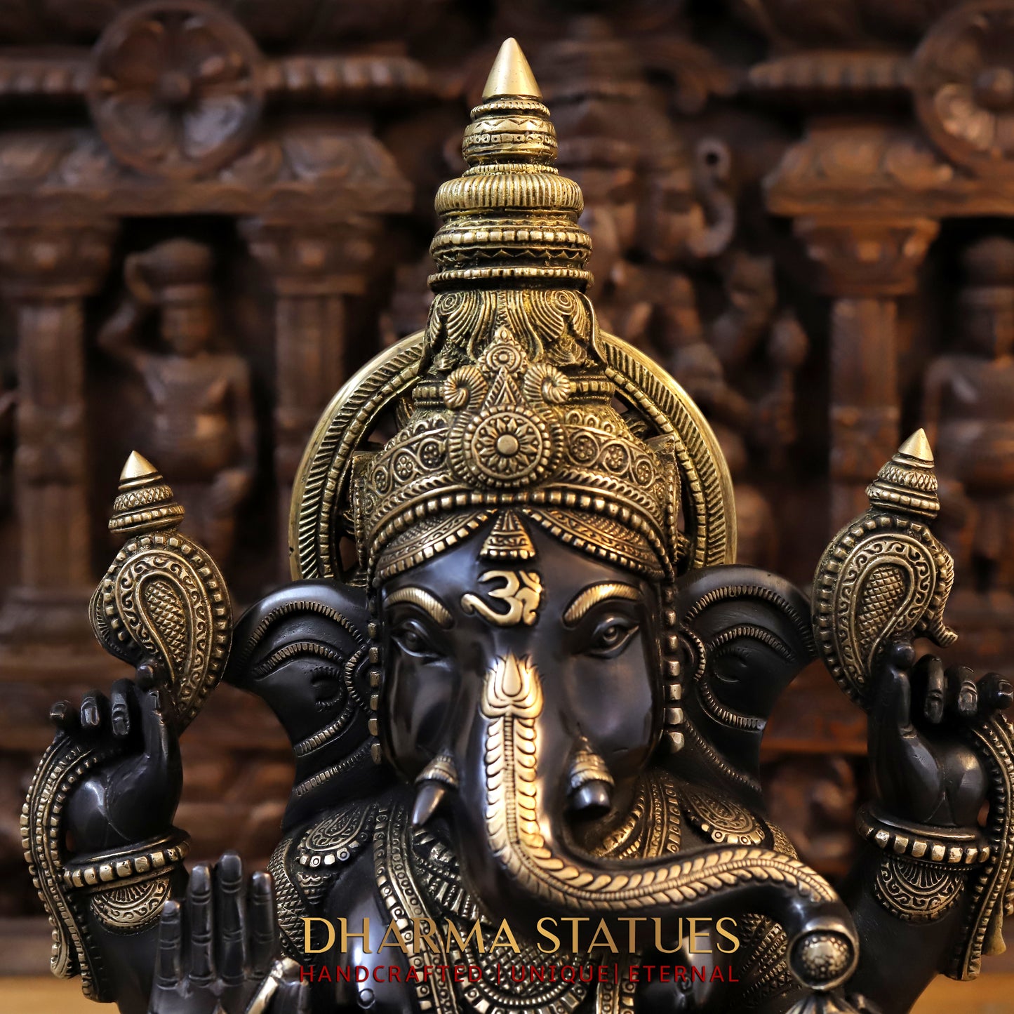 Brass Ganesh seated in Blessing Posture, Back Patina & Golden Finish, 20"