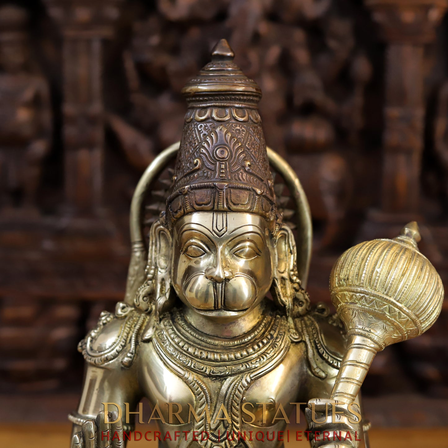 Brass Hanuman Seated in Blessing Position, Gold and Copper Finish, 16"