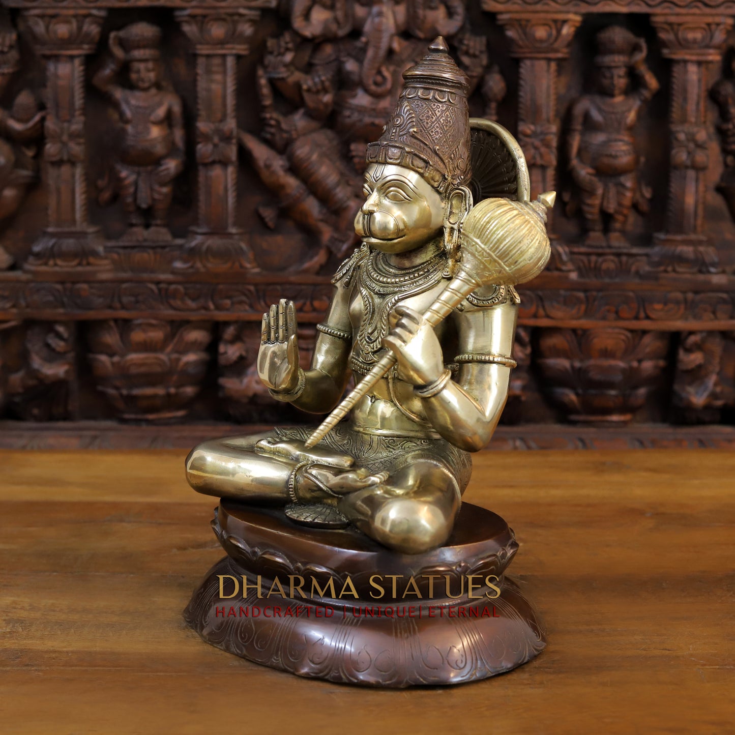 Brass Hanuman Seated in Blessing Position, Gold and Copper Finish, 16"