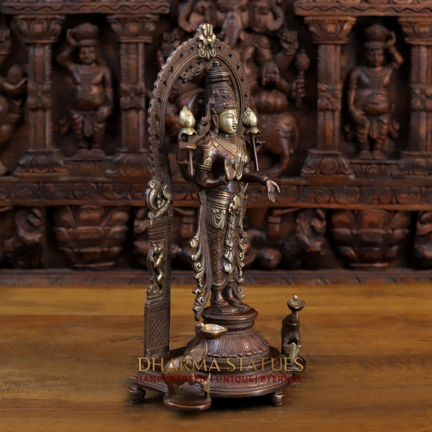 Brass Vishnu and Lakshmi Standing in Frame with Elephants & Garuda at the Pedestal, Copper and Gold, 16.5"
