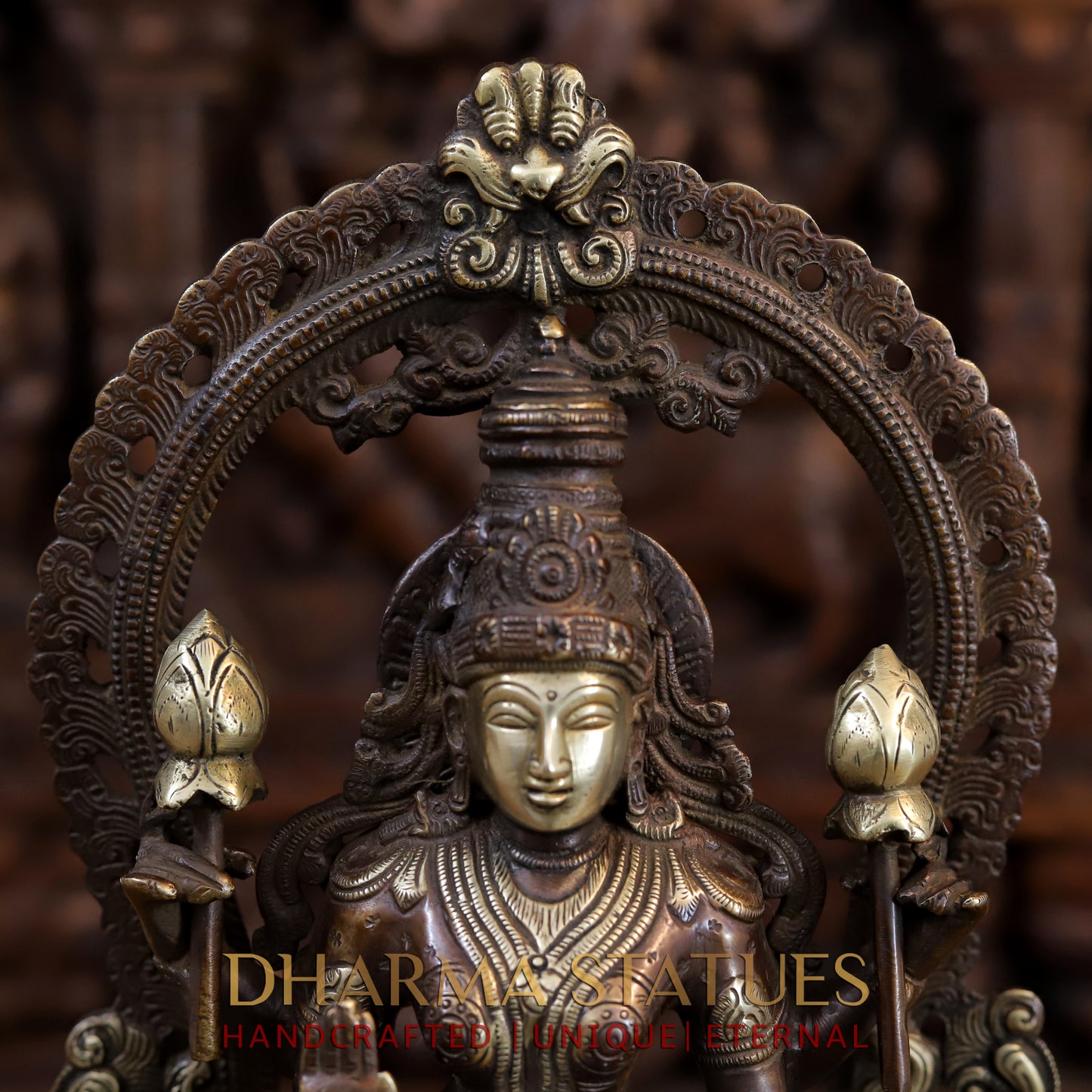 Brass Vishnu and Lakshmi Standing in Frame with Elephants & Garuda at the Pedestal, Copper and Gold, 16.5"