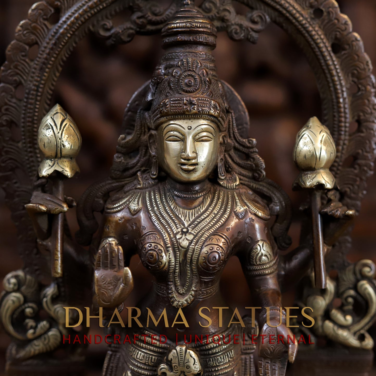 Brass Vishnu and Lakshmi Standing in Frame with Elephants & Garuda at the Pedestal, Copper and Gold, 16.5"