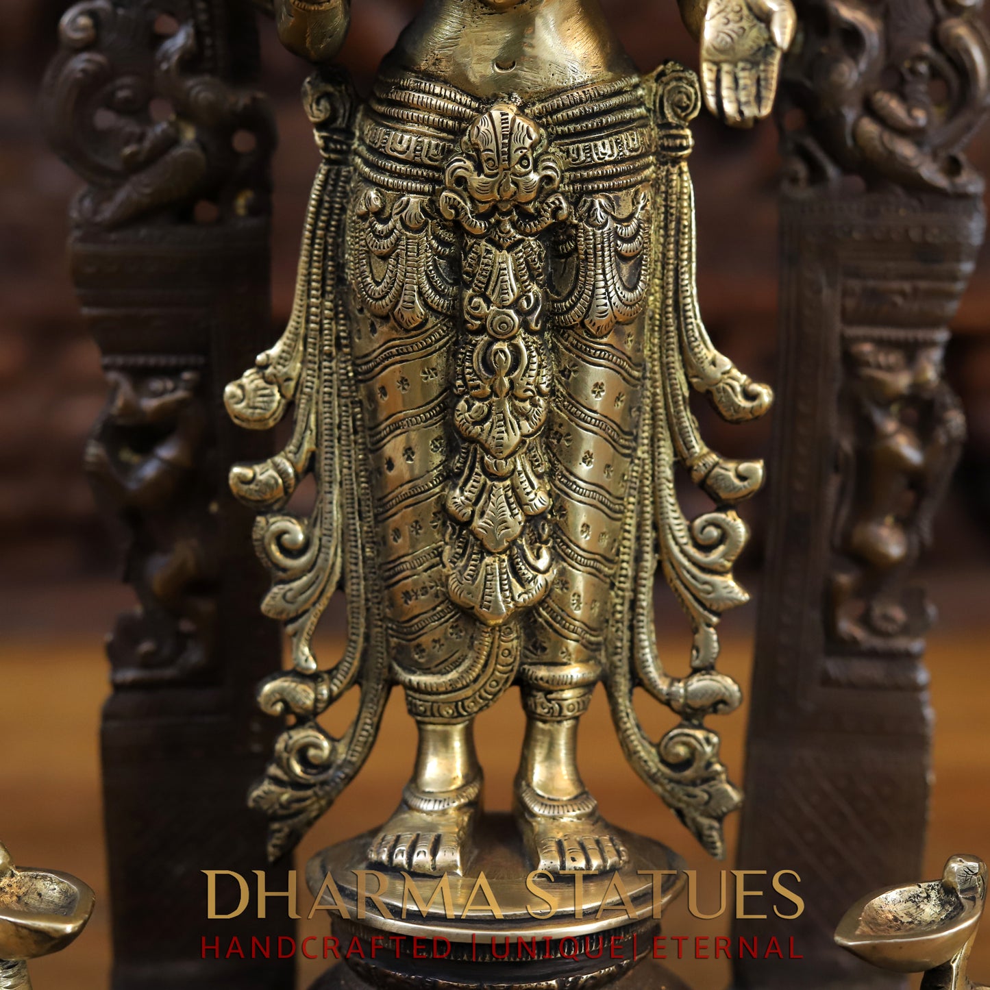 Brass Vishnu and Lakshmi Standing in Frame with Elephants & Garuda at the Pedestal, Copper and Gold, 16"