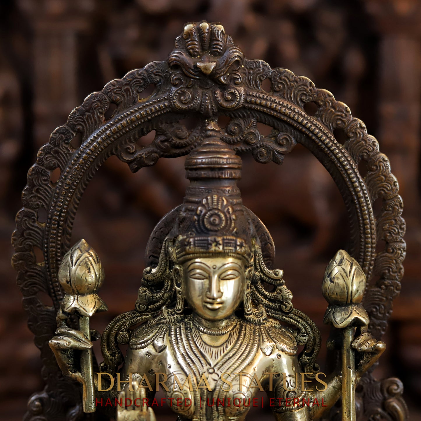 Brass Vishnu and Lakshmi Standing in Frame with Elephants & Garuda at the Pedestal, Copper and Gold, 16"