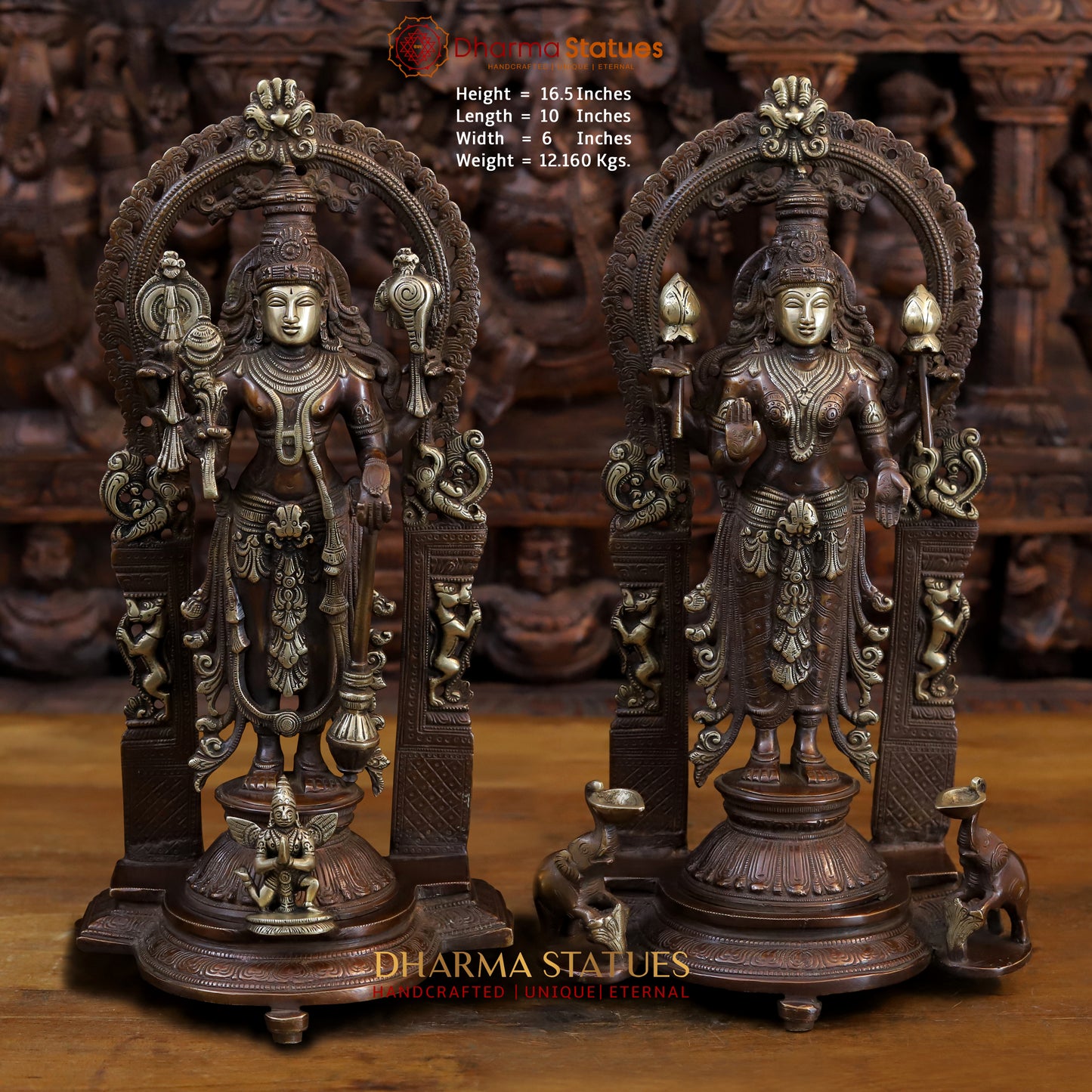 Brass Vishnu and Lakshmi Standing in Frame with Elephants & Garuda at the Pedestal, Copper and Gold, 16.5"