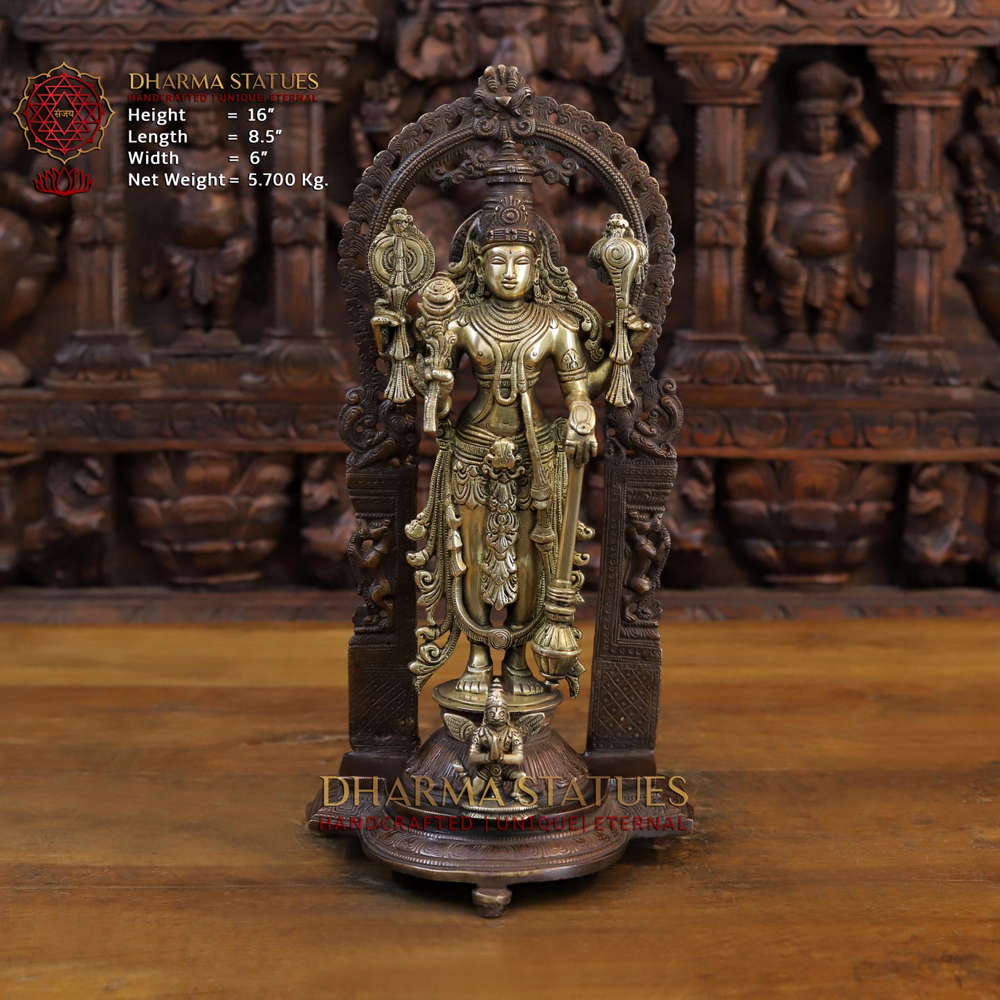 Brass Lakshmi with Shree Garuda at the Pedestal, Golden & Copper Finish, 16"
