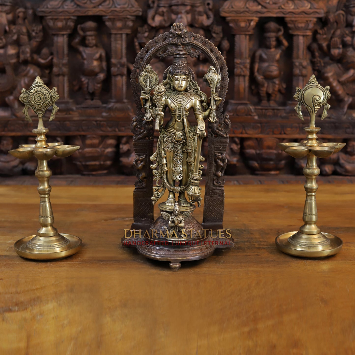 Brass Lakshmi with Shree Garuda at the Pedestal, Golden & Copper Finish, 16"