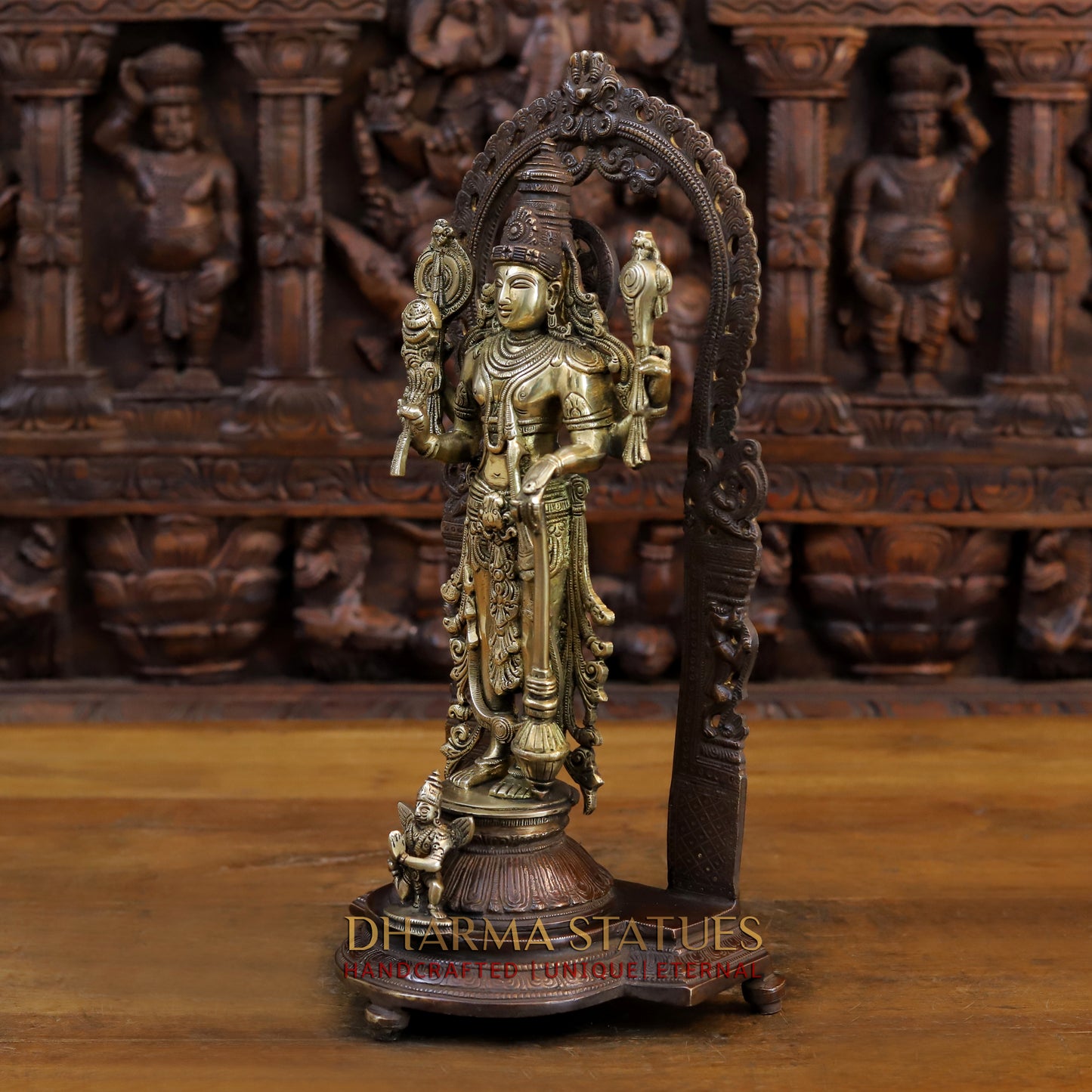 Brass Vishnu and Lakshmi Standing in Frame with Elephants & Garuda at the Pedestal, Copper and Gold, 16"